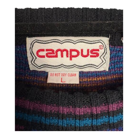 Vintage Campus Men's Diamond Geometric Leather Trim Sweater Size L Retro - Picture 4 of 13